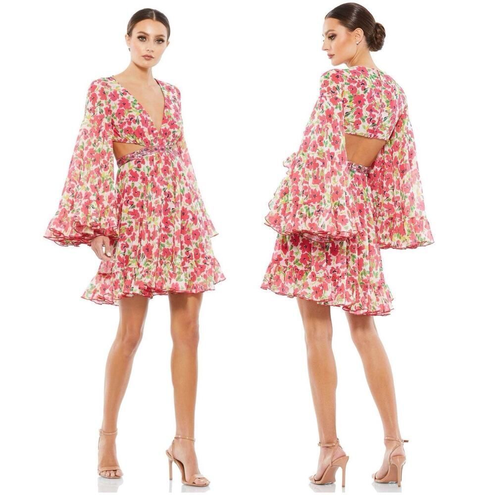 NWT Mac Duggal 9158 Floral Bell Sleeve Multicolor Mini Dress Cutout Size 6